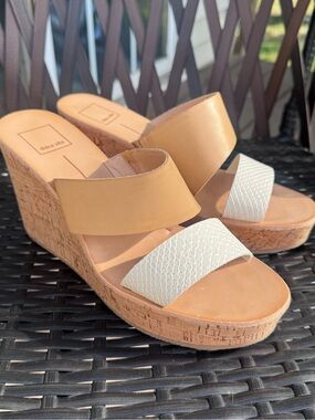 Dolce Vita Tan and White Cork Platform Wedge Slides size 9
